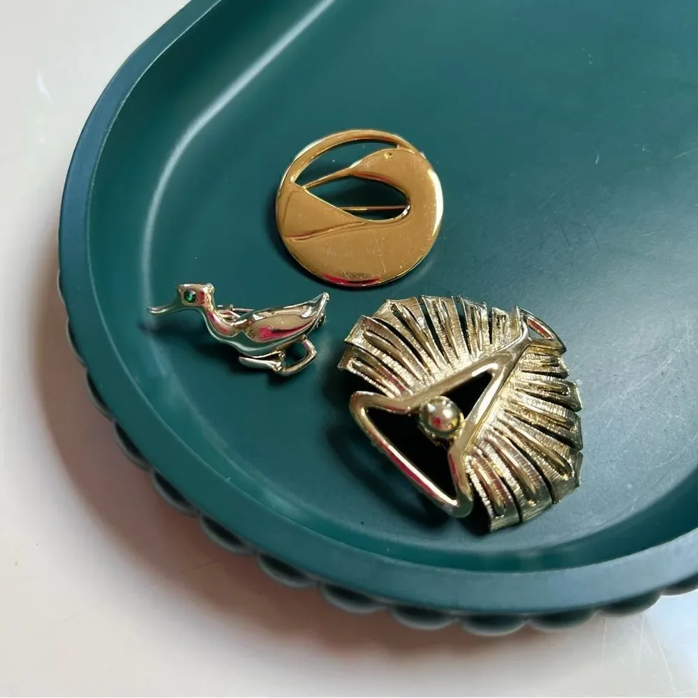 Vintage 3 Piece 1980s Gold Duck Loon Leaf Brooch Pin Lot